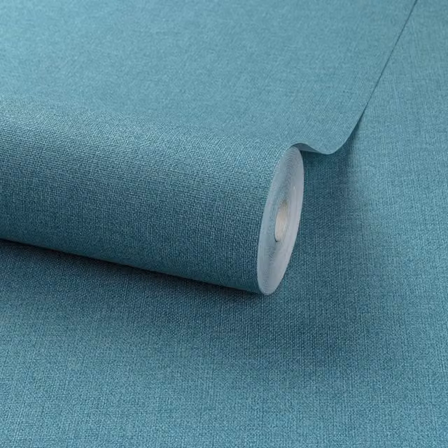 Grandeco Panama Plain Textured Linen Fabric Wallpaper in Petrol Grey