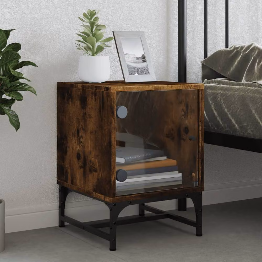 Berkfield Home Set of 2 Bedside Cabinets with Glass Doors in Smoked Oak Brown, W/D/H: 35 x 37 x 50 cm – 2