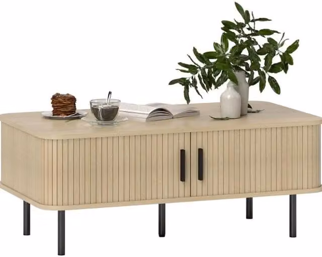 Chilli Seating Mid-Century Rectangular Coffee Table with Slatted Tambour Sliding Doors in Brown and Black