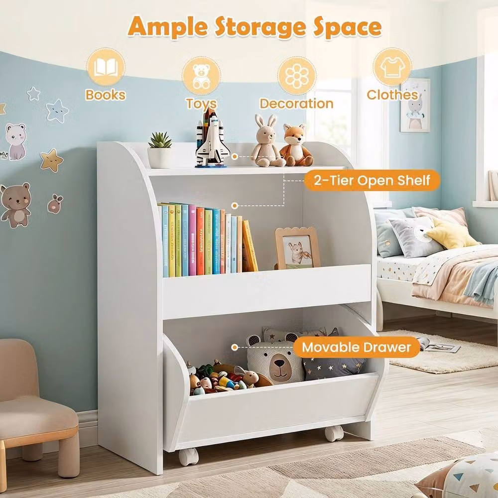 VOGREX White 2 Tier Kids Toy Storage Shelf with Rolling Drawer for Childrens Playrooms and Bedrooms – 2