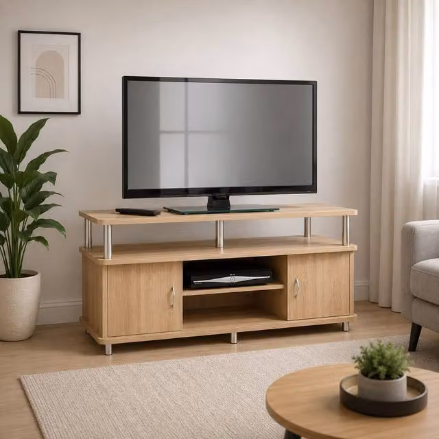 SPOT ON DEALZ Modern TV Unit Media Cabinet with 2 Doors and Storage Shelves in Light Oak Brown, W: 105 cm, D: 40 cm, H: 53 cm – 1