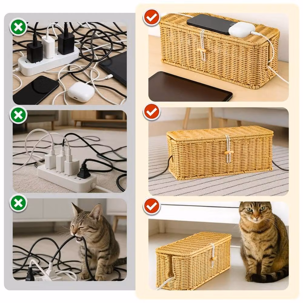 Kelvenix Brown Rattan Case Management Plug Socket Tidy Safety Organiser with Lid – 2