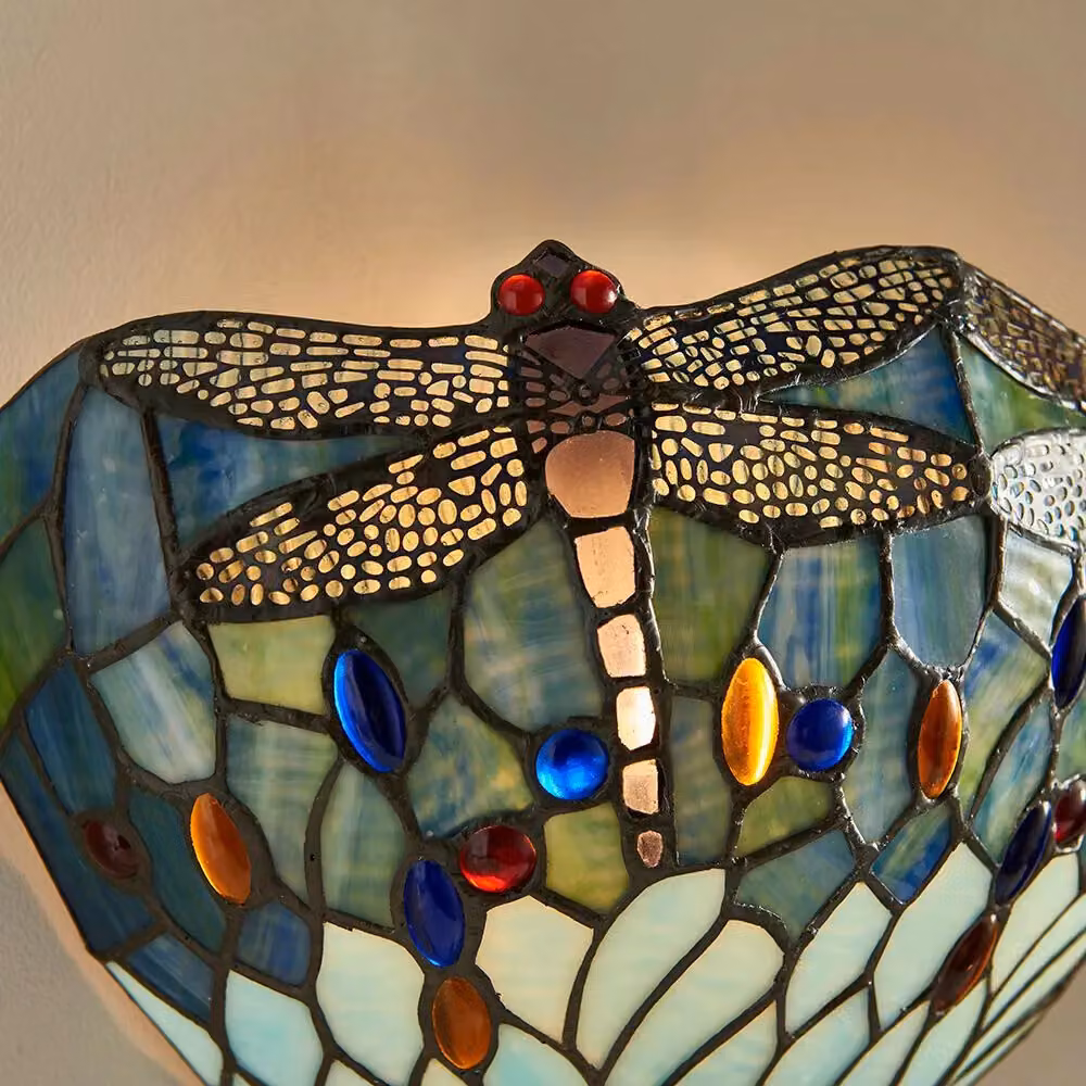 Loops Tiffany Glass LED Wall Light in Black and Multicolour with Dragonfly Design – 2