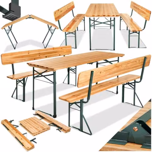 tectake 3-Piece Brown Wood and Powder Coated Steel Garden Table and Bench Set for 8 People