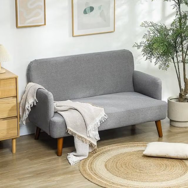 HOMCOM 2 Seater Grey Velvet Fabric Sofa with Scandinavian Wood Legs