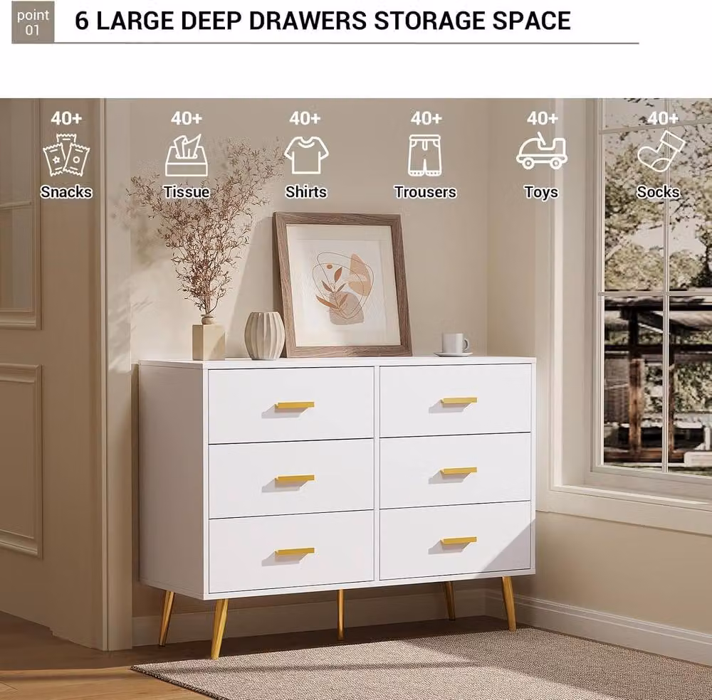 London Boutique Modern 6-Drawer Wooden Storage Chest in White, W/D/H: 106 x 40 x 85 cm – 3