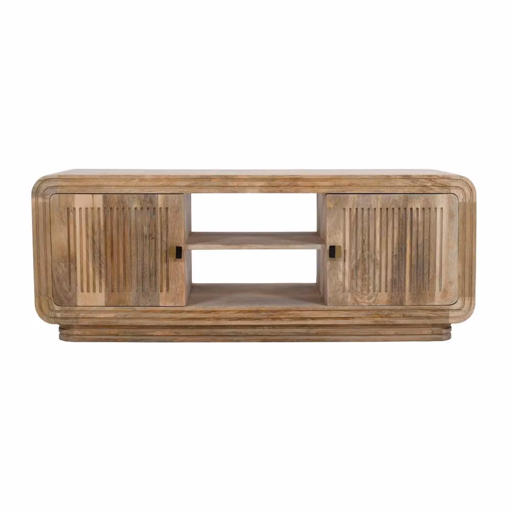 Wyld Haus Arizona Carved Mango Wood 2 Door TV Unit with Open Shelves in Brown, W/D/H: 145.0 x 40.0 x 55.0 cm – 2