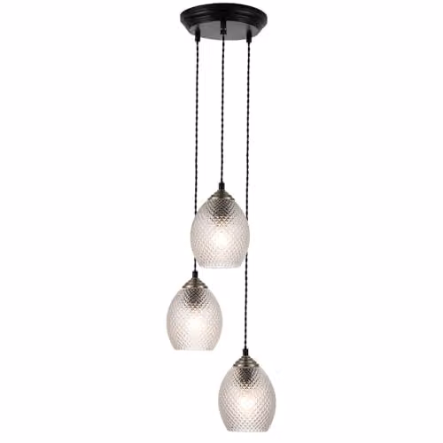 Cosylyte Lorne Modern 3 Light Faceted Glass Cluster Pendant Light, Black and Transparent, W/D/H: 21 x 21 x 100 cm – 1
