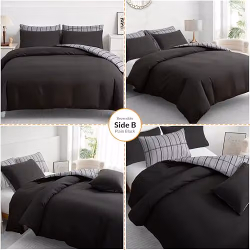 Pamposh Single Reversible Duvet Cover Set, Grey Checked Microfibre, W/D/H: 135 x 200 cm with 50 x 75 cm Pillowcase – 5