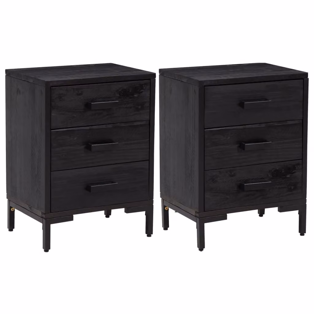 Berkfield Home Set of 2 Black Vintage Solid Pine Wood Bedside Cabinets W/D/H: 40 x 30 x 55 cm – 2