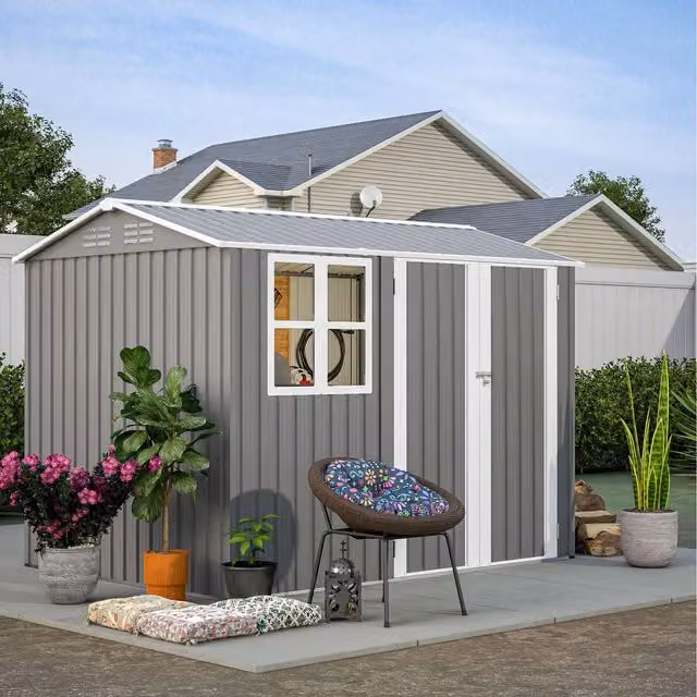 BIRCHTREE Grey Metal Garden Shed with Window and Gable Roof