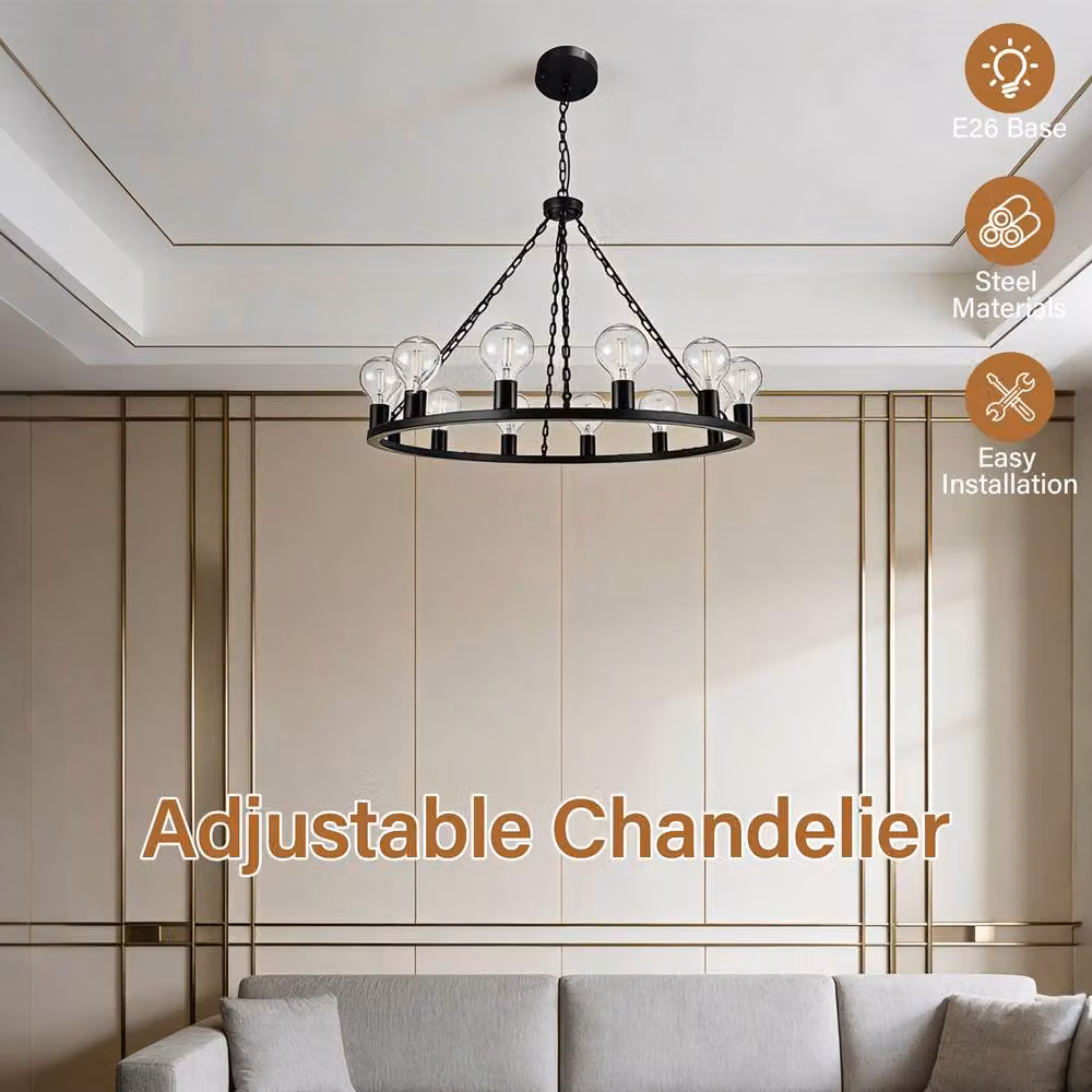 INMTFEI 12-Light Black Steel Wagon Wheel Chandelier Adjustable Industrial Pendant Light – 3