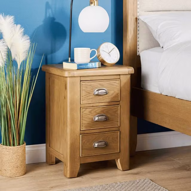 Home Source Holcombe Modern Oak 3 Drawer Bedside Table in Brown