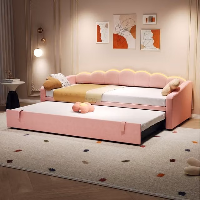 NECHE Pink Velvet Petal Shape Single Sofa Bed with Trundle and Foam Upholstered Frame