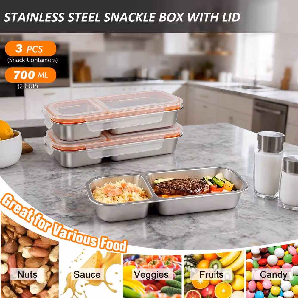 Greentainer 3-Pack Silver Stainless Steel 2-Compartment Bento Box with Lid – 4