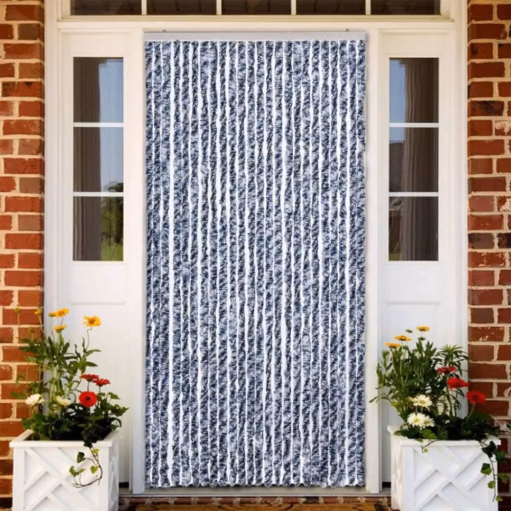 Berkfield Home Striped Chenille Insect Curtain in Blue, White and Silver, W/H: 100 x 220 cm – 2