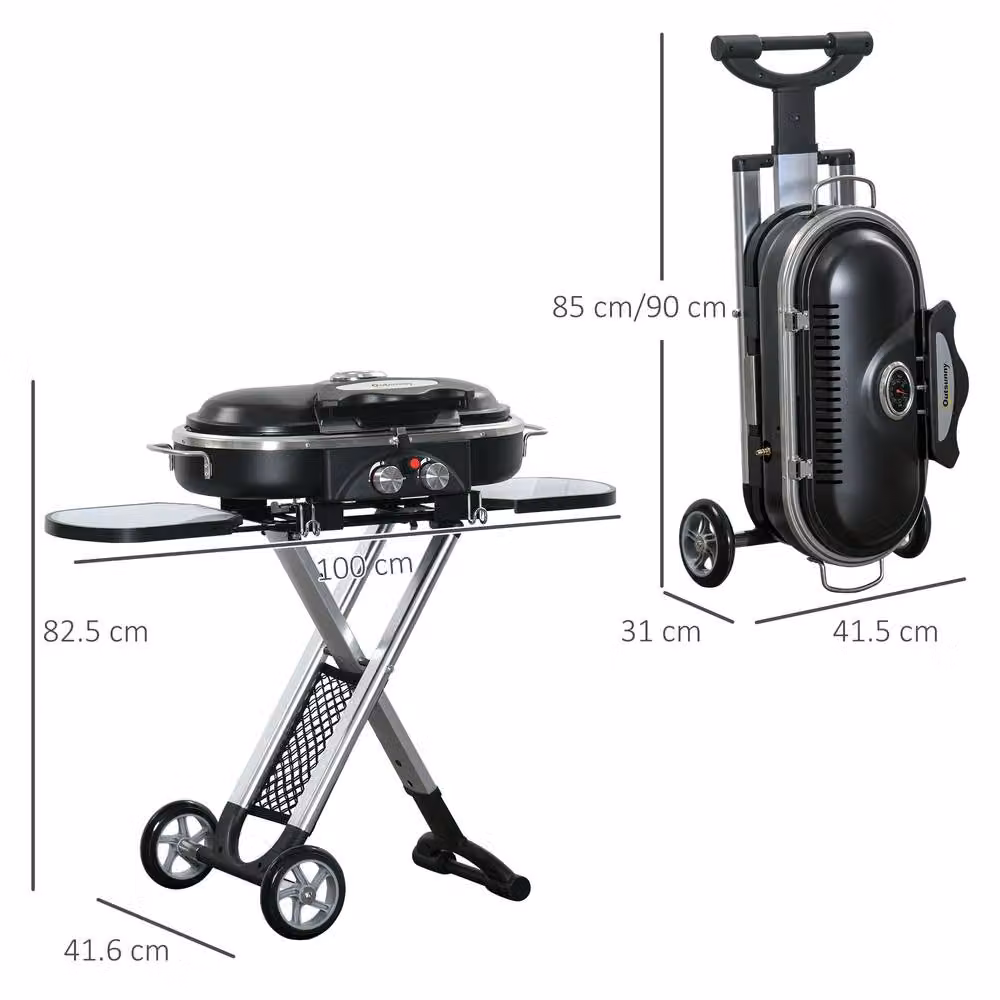 OUTSUNNY 2 Burner Gas BBQ Grill Trolley with Side Shelves and Thermometer in Black – 3
