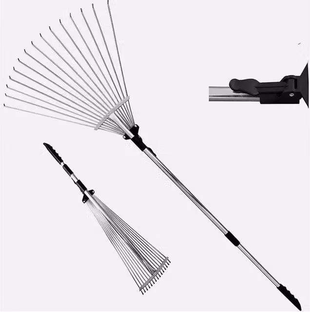 VOGREX Telescopic Garden Rake in Silver for Leaves, Soil and Artificial Grass – 1
