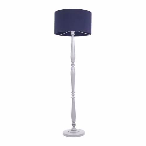 ValueLights Traditional Grey Wood Candlestick Floor Lamp with Navy Blue Fabric Drum Shade and LED Bulb, H 155 cm x W 45 cm x D 45 cm