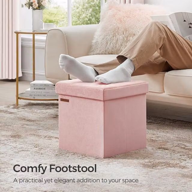 SONGMICS Small Square Foldable Storage Ottoman and Foot Rest in Light Pink Velvet Fabric – 1