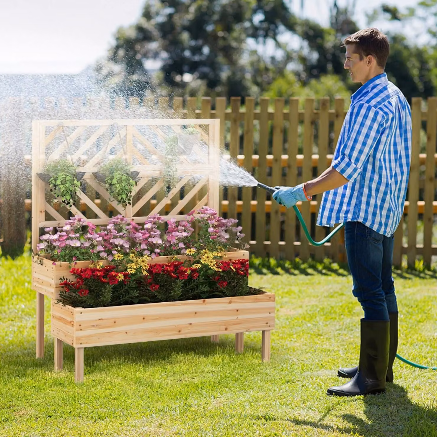 Costway 2-Tier Raised Wood Garden Bed with Trellis and Legs in Sand/Brown – 3