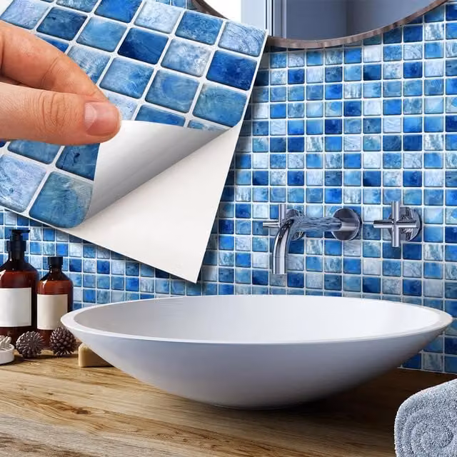 Walplus Blue and White Geometric Mosaic Wall Tile Stickers with Aluminium Film Finish