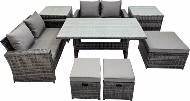 Fimous 7 Seater Outdoor Dining Set with Double Seat Sofa, 2 Side Tables and 3 Stools in Dark Grey – 1