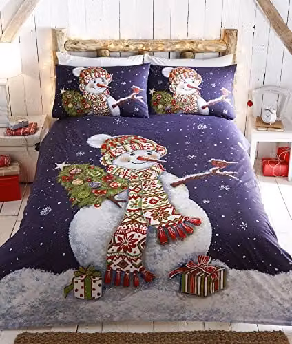 HomeSpace Direct Happy Snowman Christmas Super King Duvet Cover and Pillowcase Set, Blue and White, W/D/H: 220 x 200 cm