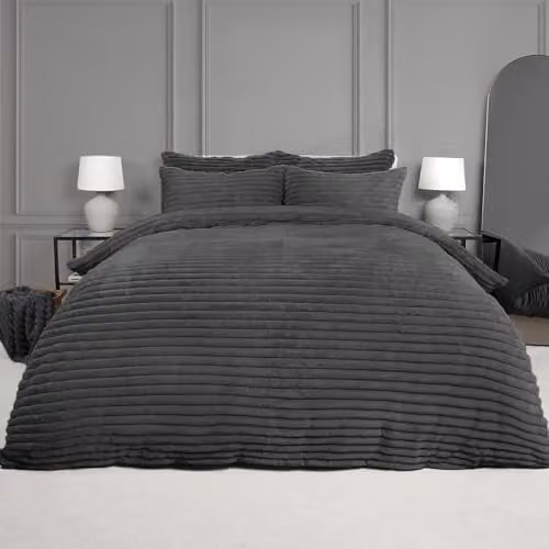 OHS Super King Grey Chunky Teddy Duvet Cover and Pillowcase Set with Reverse Fleece