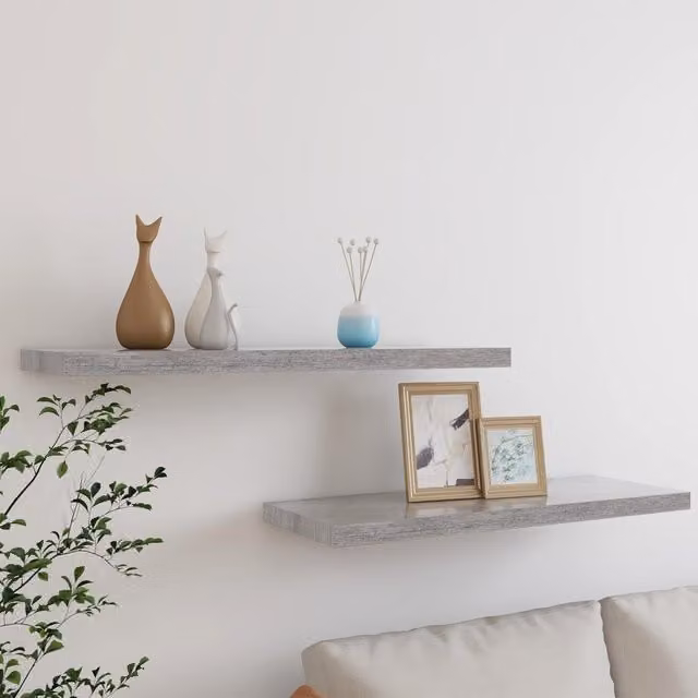 Berkfield Home Floating Wall Shelves, 2 Piece Set in Concrete Grey MDF and Metal, W: 80 cm, D: 23.5 cm, H: 3.8 cm