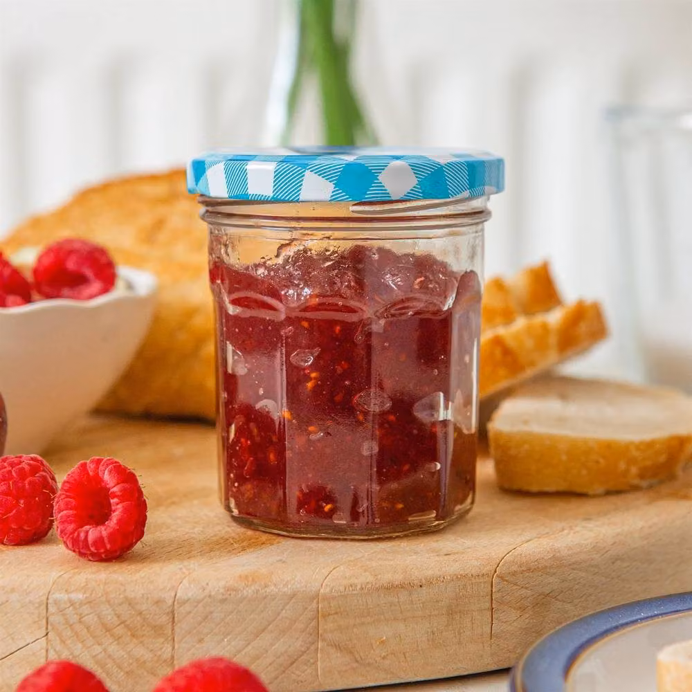 Argon Tableware Set of 6 Blue Glass Jam Jars with Silver Screw Tops, 150ml – 2
