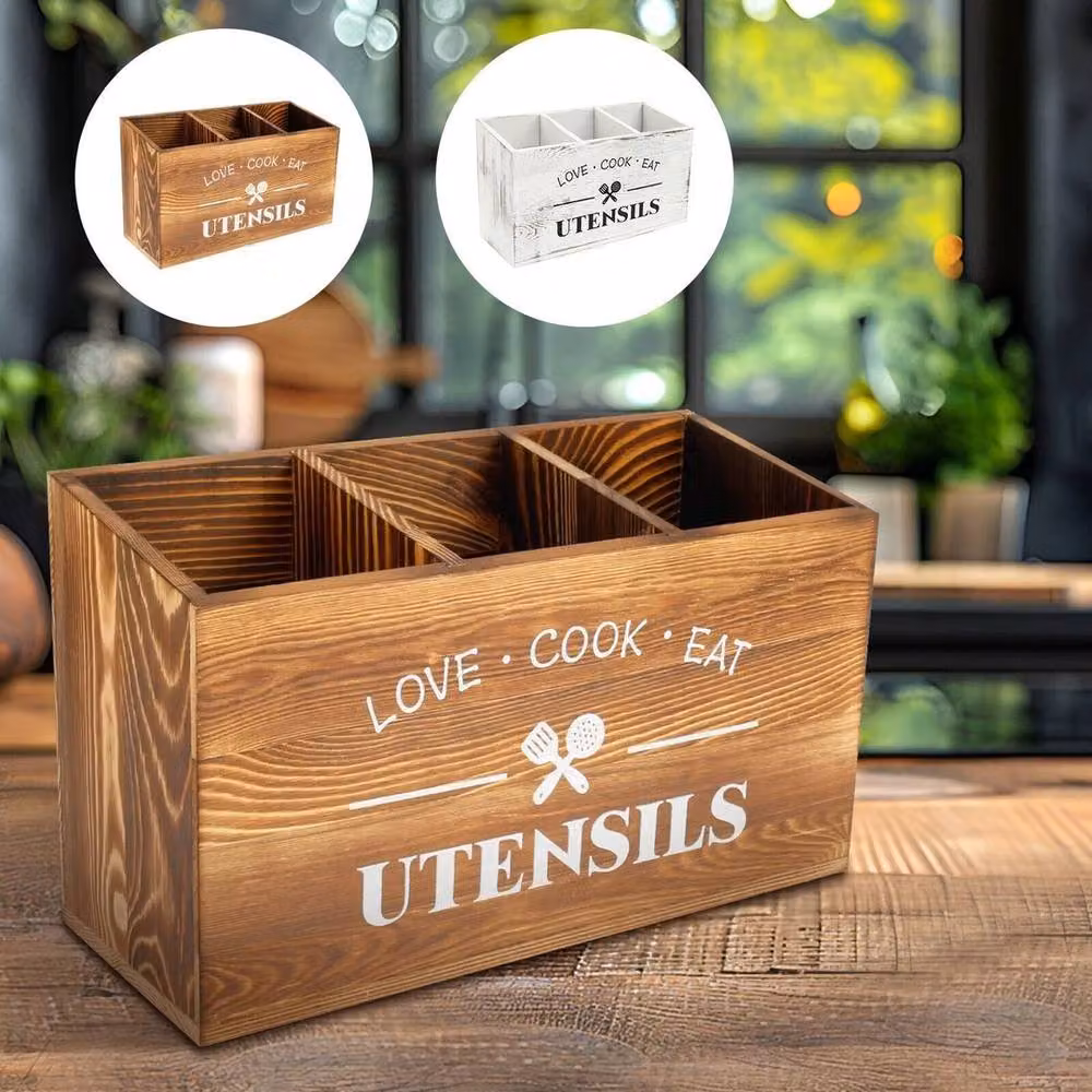 KORVIXA Brown Wooden Kitchen Utensil Storage Pot and Cutlery Holder with Compartments – 3