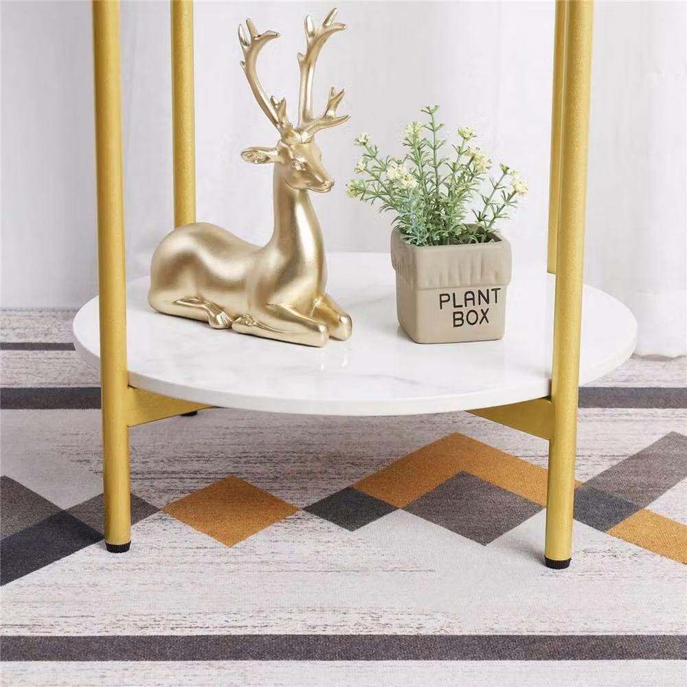 KORVIXA Dual-Tier Round White Marble and Gold Side Table, W: 100 cm – 2