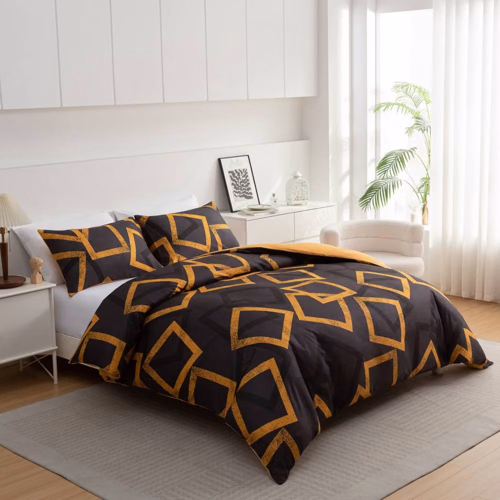 Pamposh Luxury Reversible Microfibre Duvet Cover Set in Black, Grey and Gold, Size: 180 x 200 cm – 2