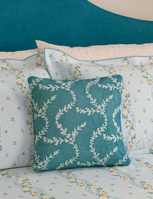 V&A Petrol Blue Floral Pure Cotton Velvet Square Cushion
