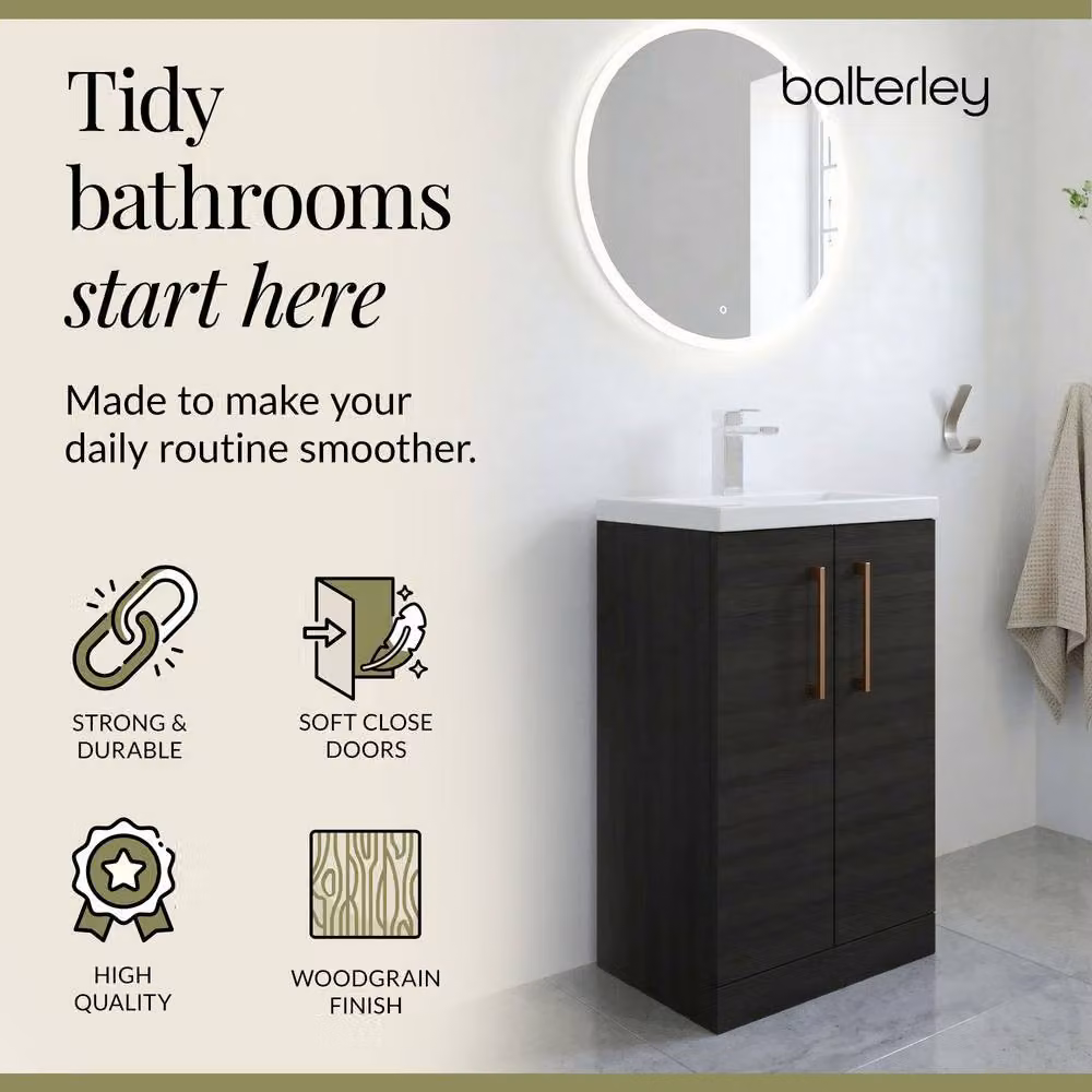 Balterley Modern Black Wood Freestanding Bathroom Vanity Unit with Soft Close Doors and LED Lighting, Width: 50 cm – 3
