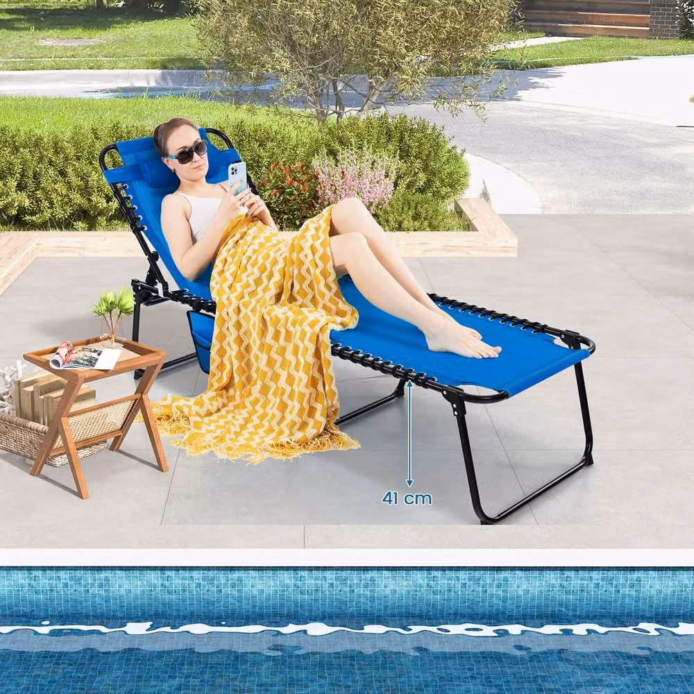 Costway Navy Blue Folding Patio Chaise Lounge Chair with Adjustable Headrest and Textilene Fabric – 7