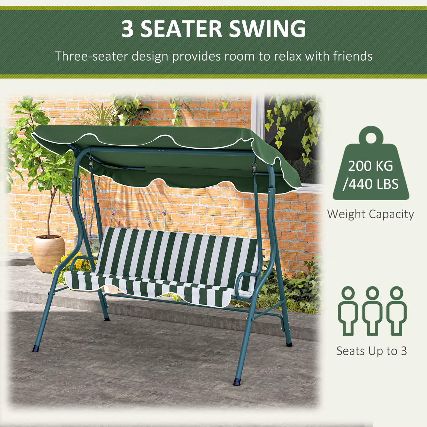 Outsunny 3 Seater Waterproof Garden Swing Seat with Adjustable Canopy and Metal Frame, Green Stripes – 6