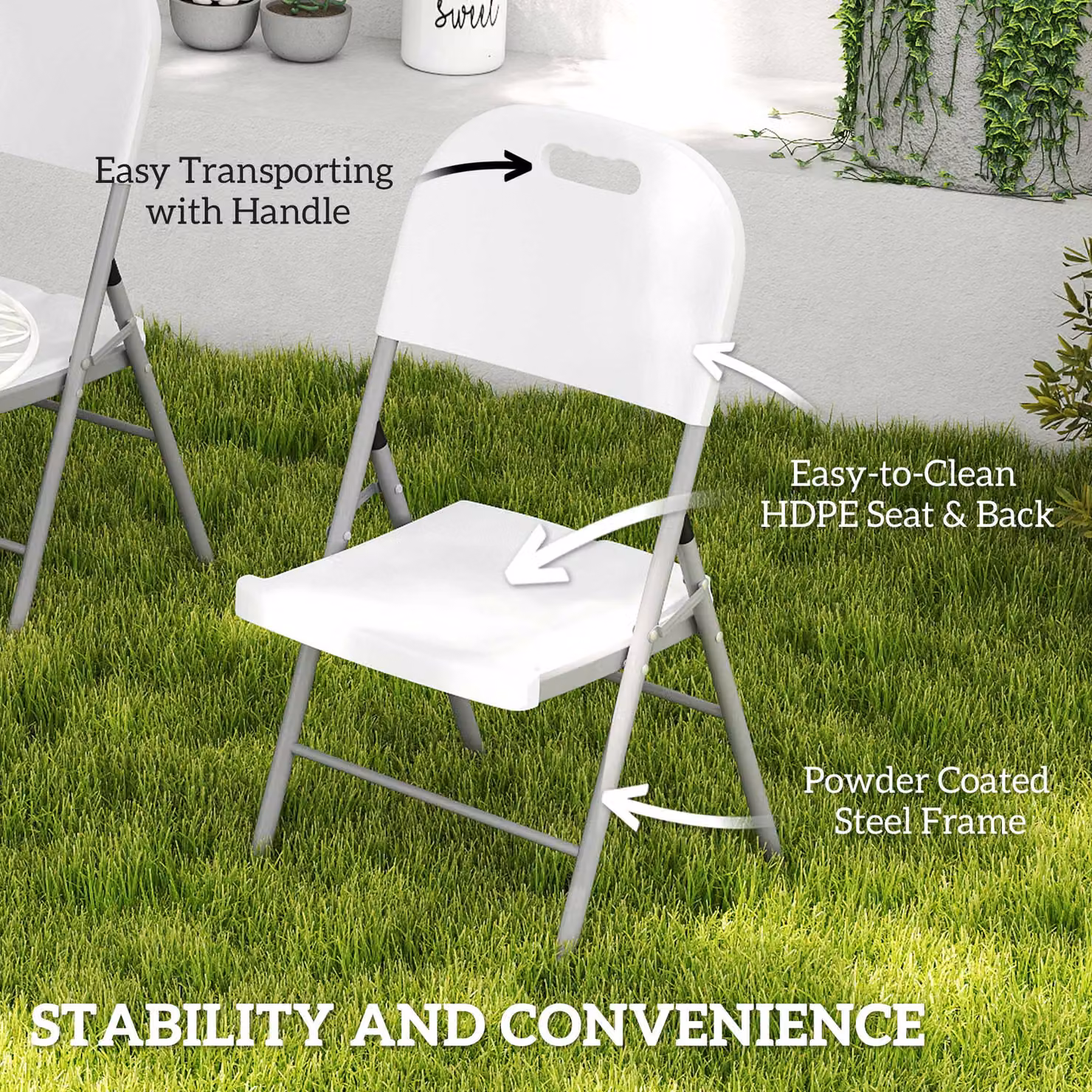 Outsunny Set of 2 Folding Outdoor Chairs with Steel Frame and HDPE Backrest in White – 4