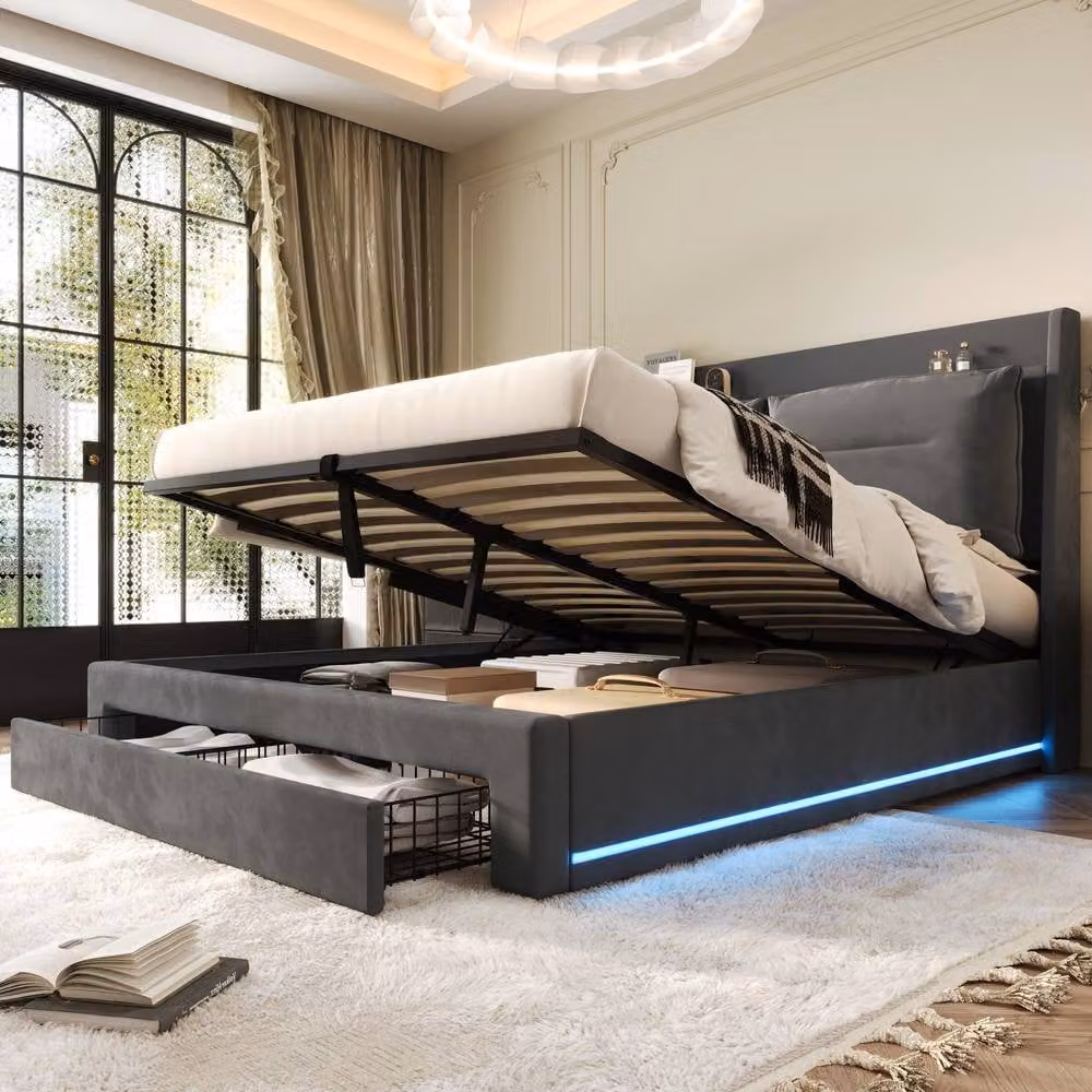 ModernLuxe Double Upholstered Ottoman Bed with LED Under-Bed Lighting and Lift-Up Base in Grey Velvet – 2