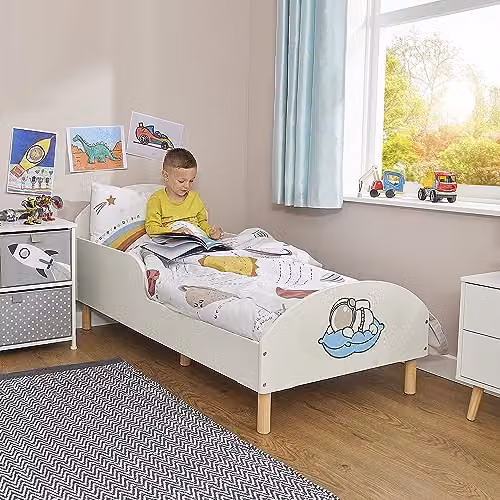 Liberty House Toys Spaceman Kids Toddler Bed in White Solid Pine Wood, W/D/H: 140 x 70 x 68 cm