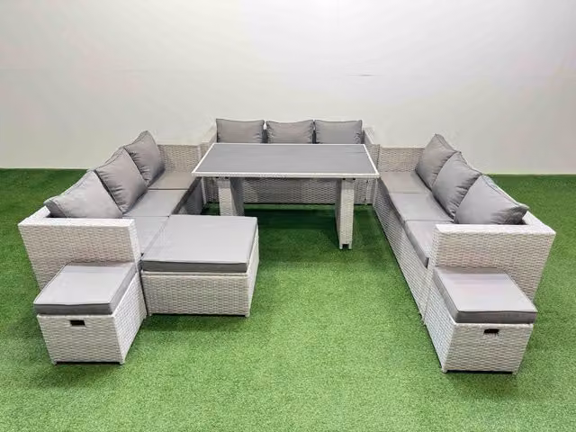 Fimous Modern Rattan Garden Furniture Set with 3 Stools in Light Grey and Black