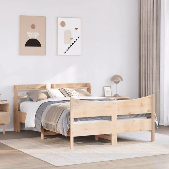 Berkfield Home Sleek Solid Wood Pine Bed Frame with Headboard, Beige, W/D/H: 150 x 200 cm – 1