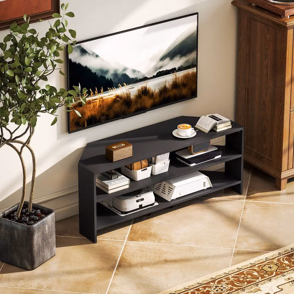 STILVORA Modern Black Wood Corner TV Stand with Media Compartments – 2