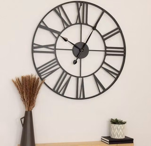 Charles Bentley Round Skeleton Wall Clock with Roman Numerals in Matte Black, Diameter: 80 cm – 1