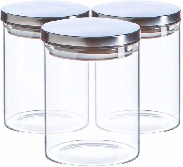 Havendro Set of 3 Transparent Glass Food Storage Jars with Silver Metal Lids, 750 ml each