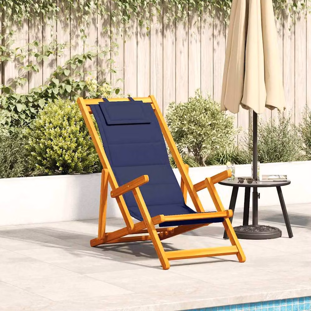 Berkfield Home Folding Beach Chair with Armrests in Blue Acacia Wood and Textilene – 2
