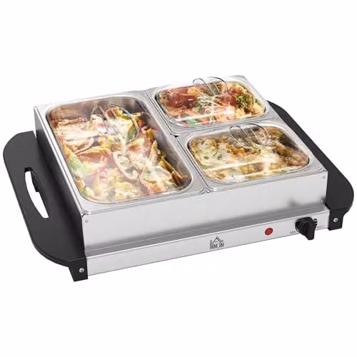 HOMCOM 3 Tray Electric Food Warmer Buffet Server with Warming Plate, 300W, Silver – 1