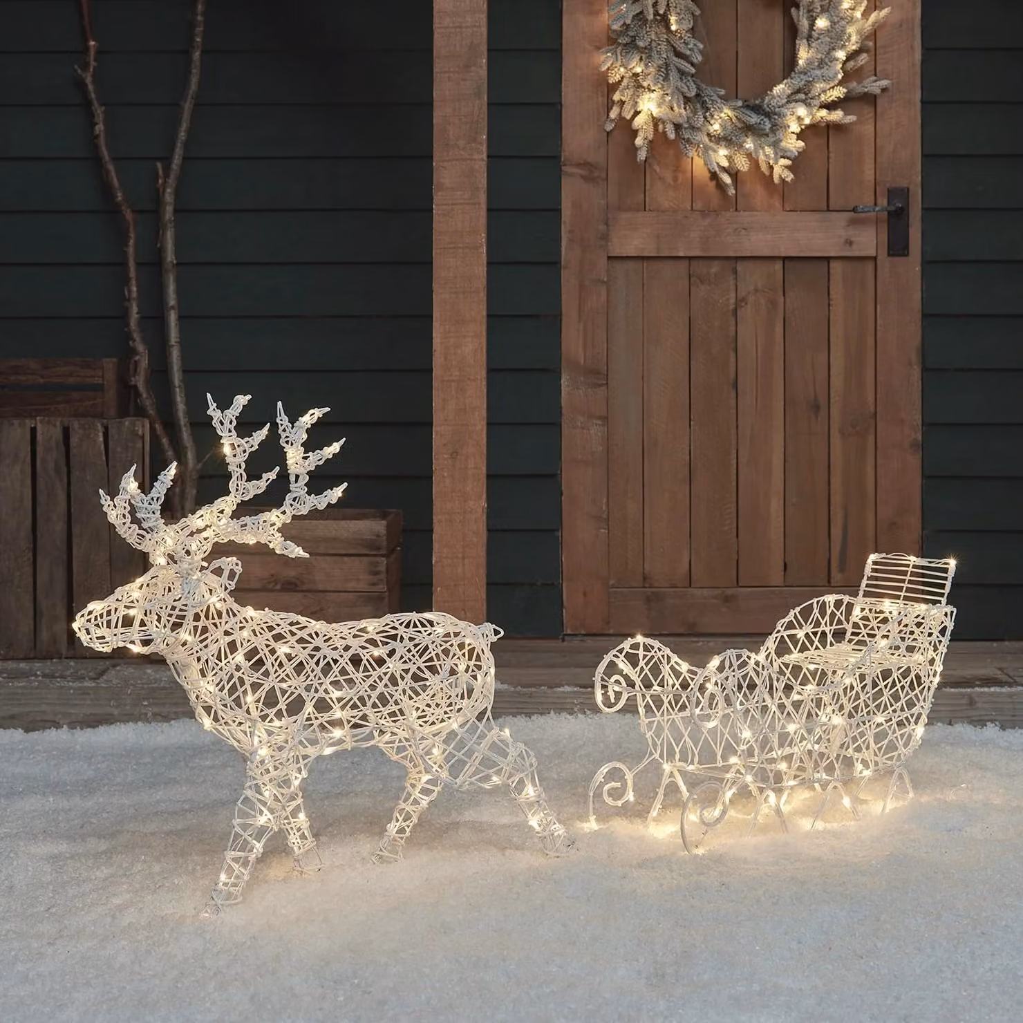 Arkendale White Dual LED Battery Operated Outdoor Reindeer and Sleigh, Height: 70 cm