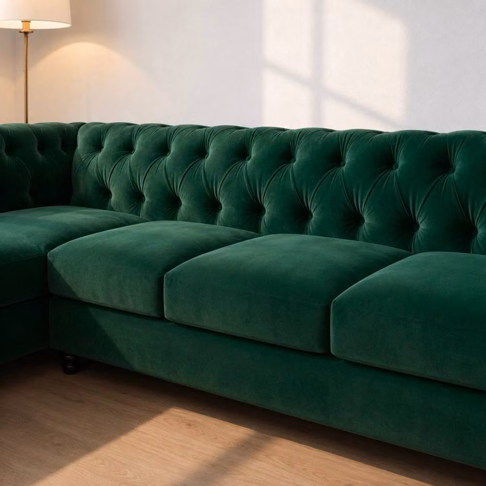 Sofaya Hampton 4 Seater L Shape Chesterfield Sofa in Green Velvet with Left Hand Chaise – 4